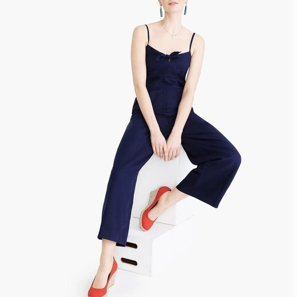 J Crew Navy Blue Linen Tie Front Jumpsuit Waist Defined Size 14
